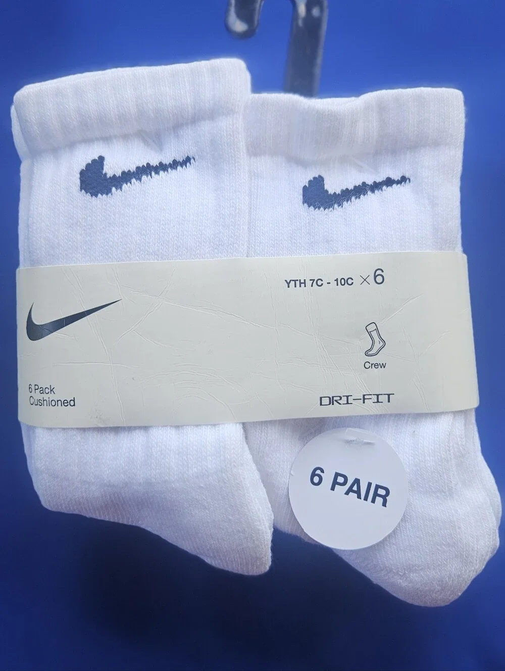 Nike White Crew Athletic Socks with Black Swoosh - 6 Pair - Youth xxs